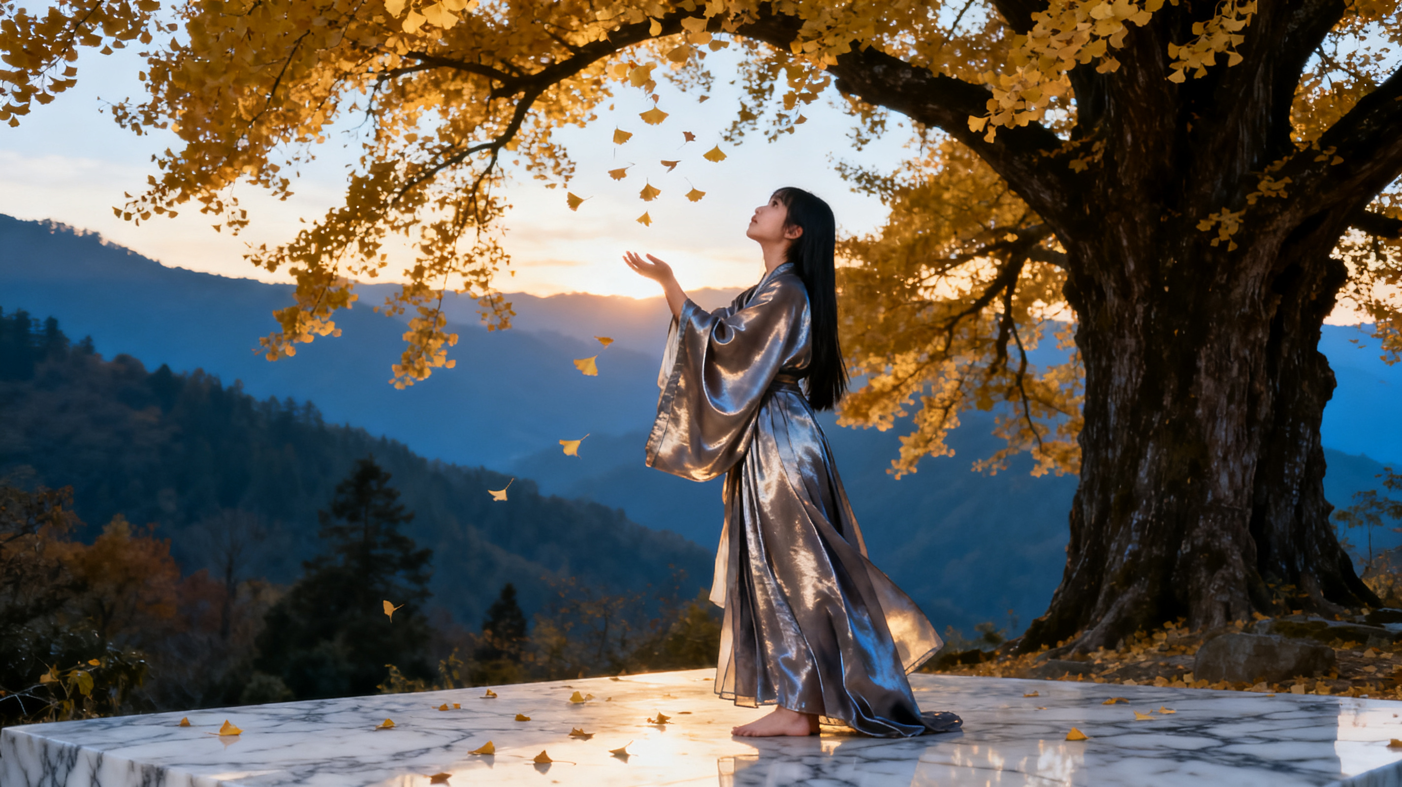 仰头伸手接落叶